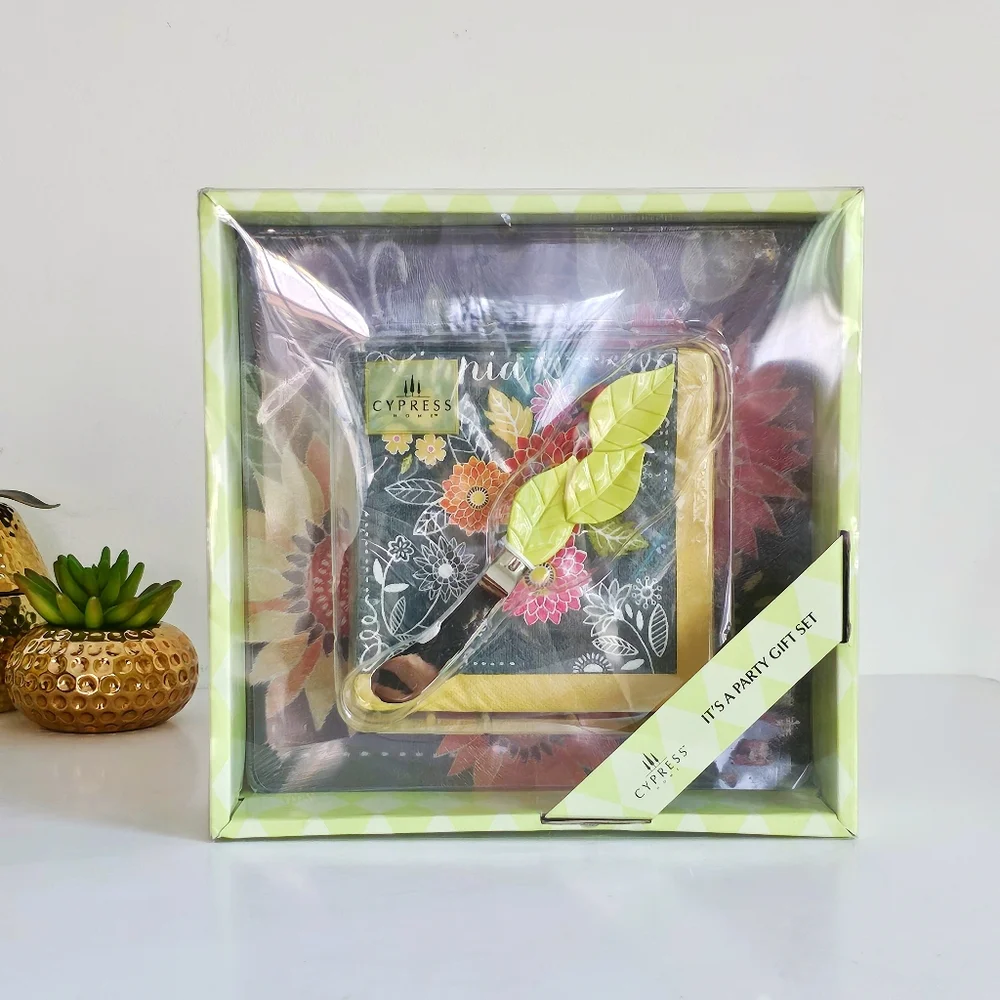 Cypress Home “It’s A Party” Gift Set Cheese Spreader + 8” Glass Saver + Napkins